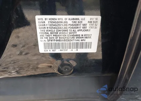 2010 Honda Pilot Touring z USA, uszkodzony, nr VIN 5FNYF4H8XAB036347